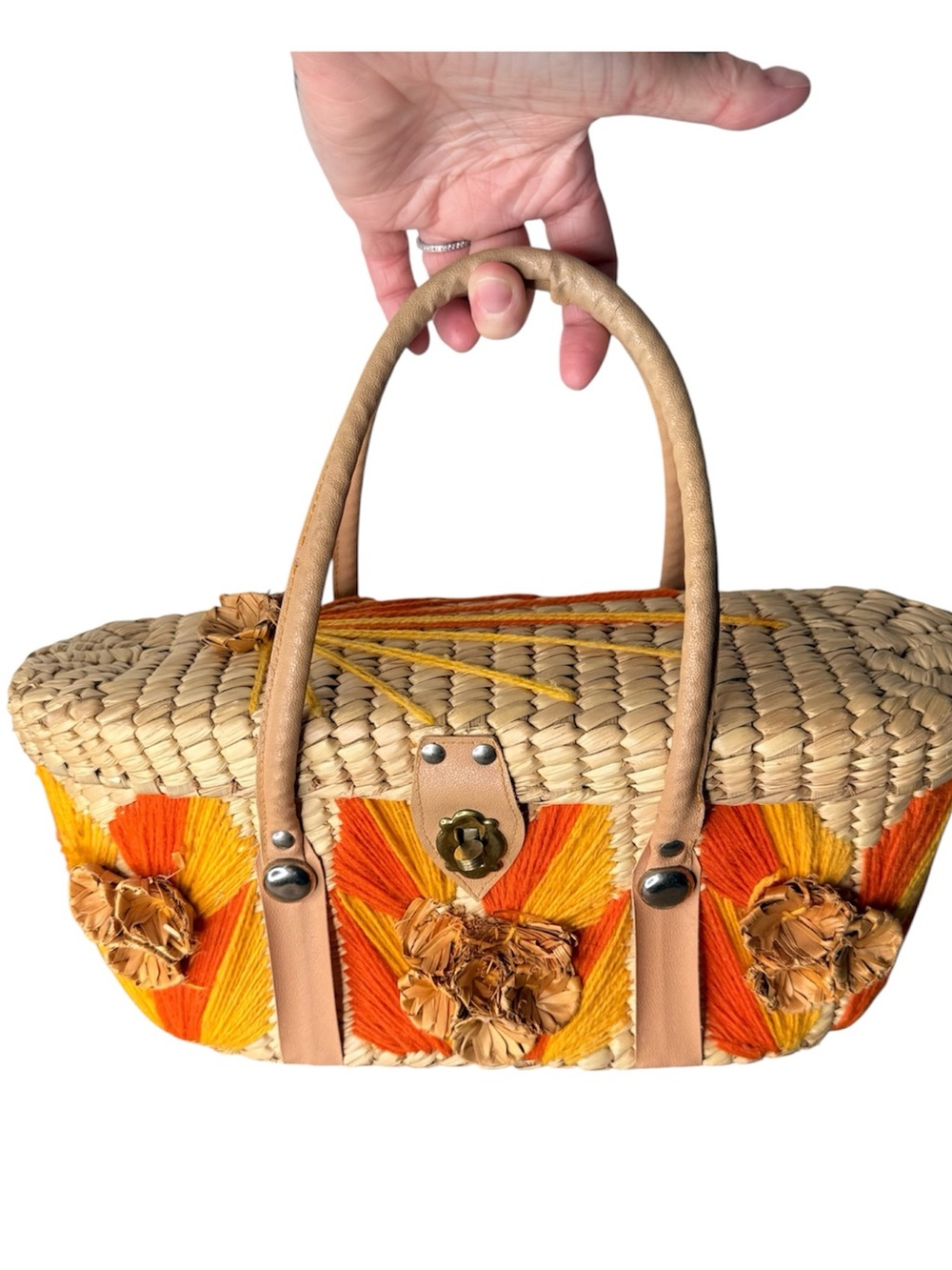 Vintage Woven Wicker Basket Purse Picnic Style Bag 60’s Embroidered Floral